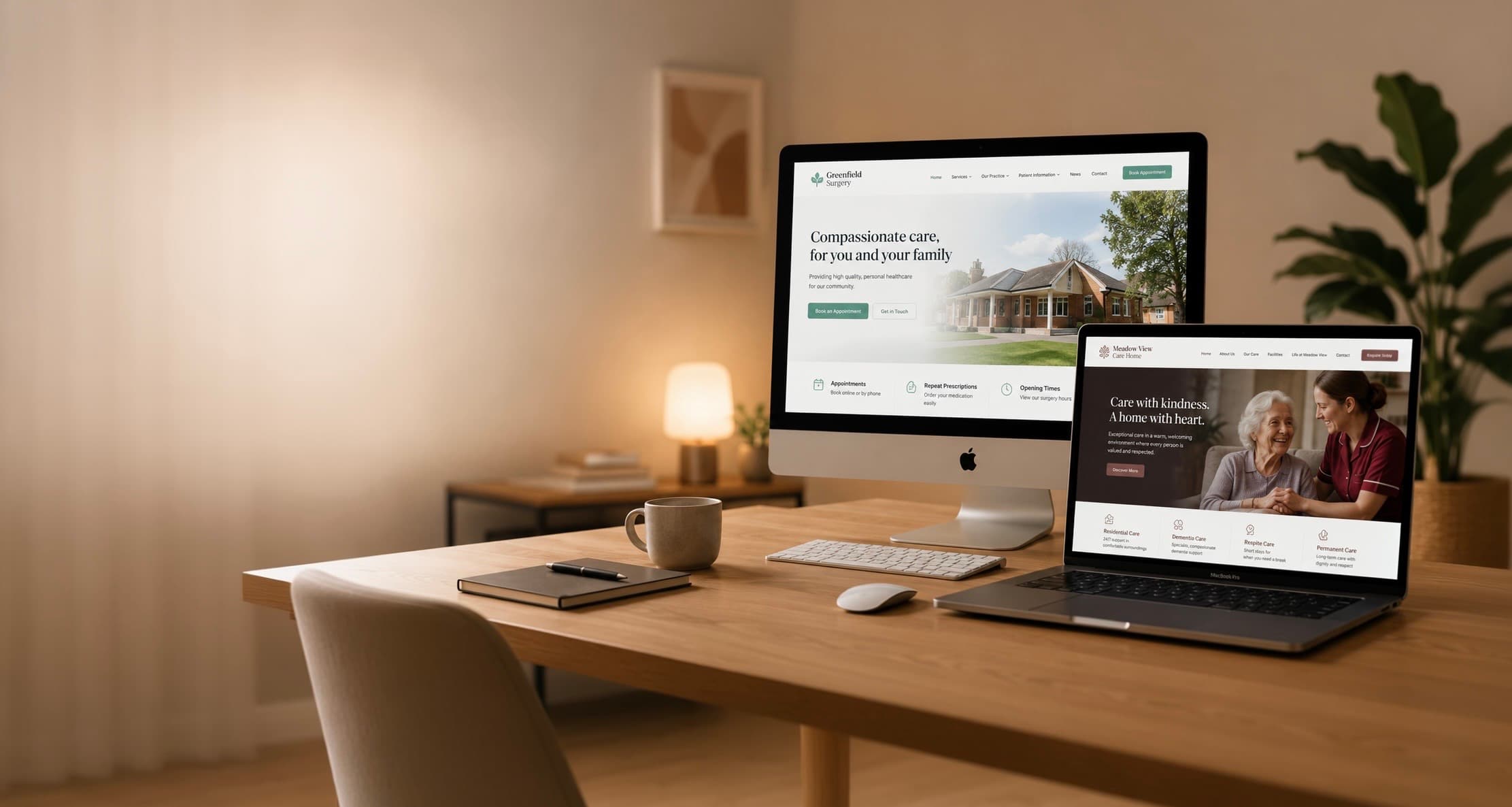 A GP practice website open on a desktop screen beside a care home website on a laptop, on a warm wooden desk