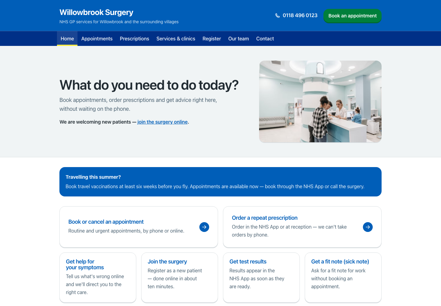 Homepage of the Willowbrook Surgery sample site: a task-first NHS practice website